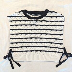 ZARA Textured Knit Tie-Side Vest Top Black & Cream Geometric Sleeveless S